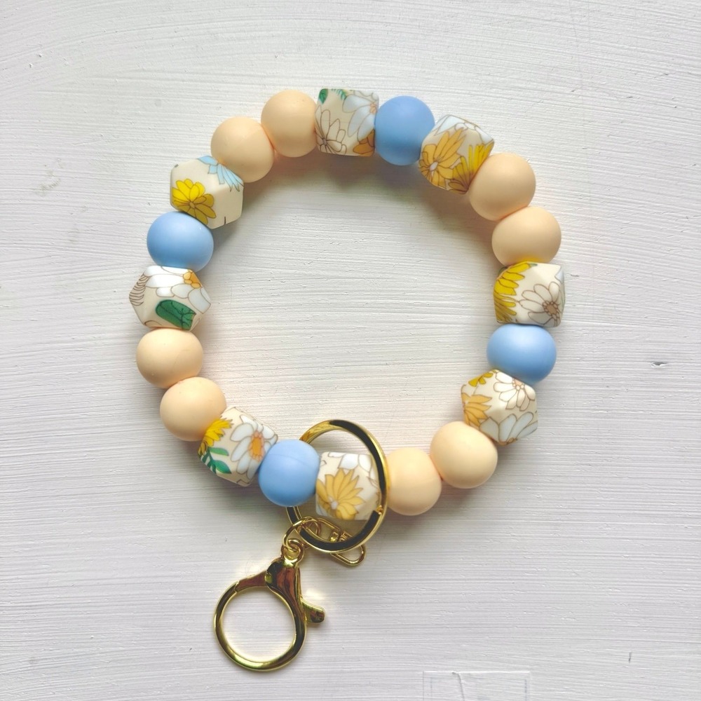 Silicone Bead Wristlet Keychain Bracelet for Keys Neutral Vintage Floral Blue